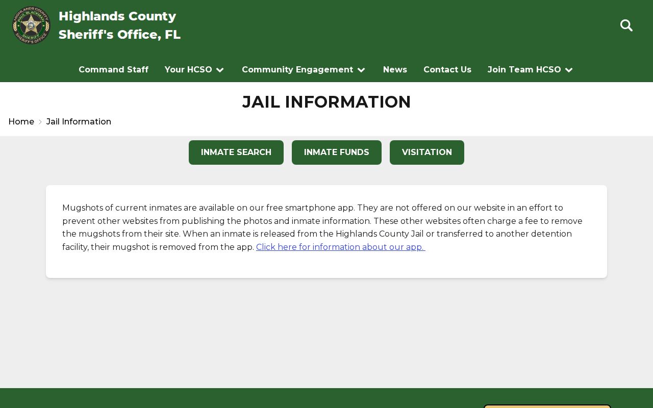Highlands County Sheriff jail information page explaining its current inmate photo policy