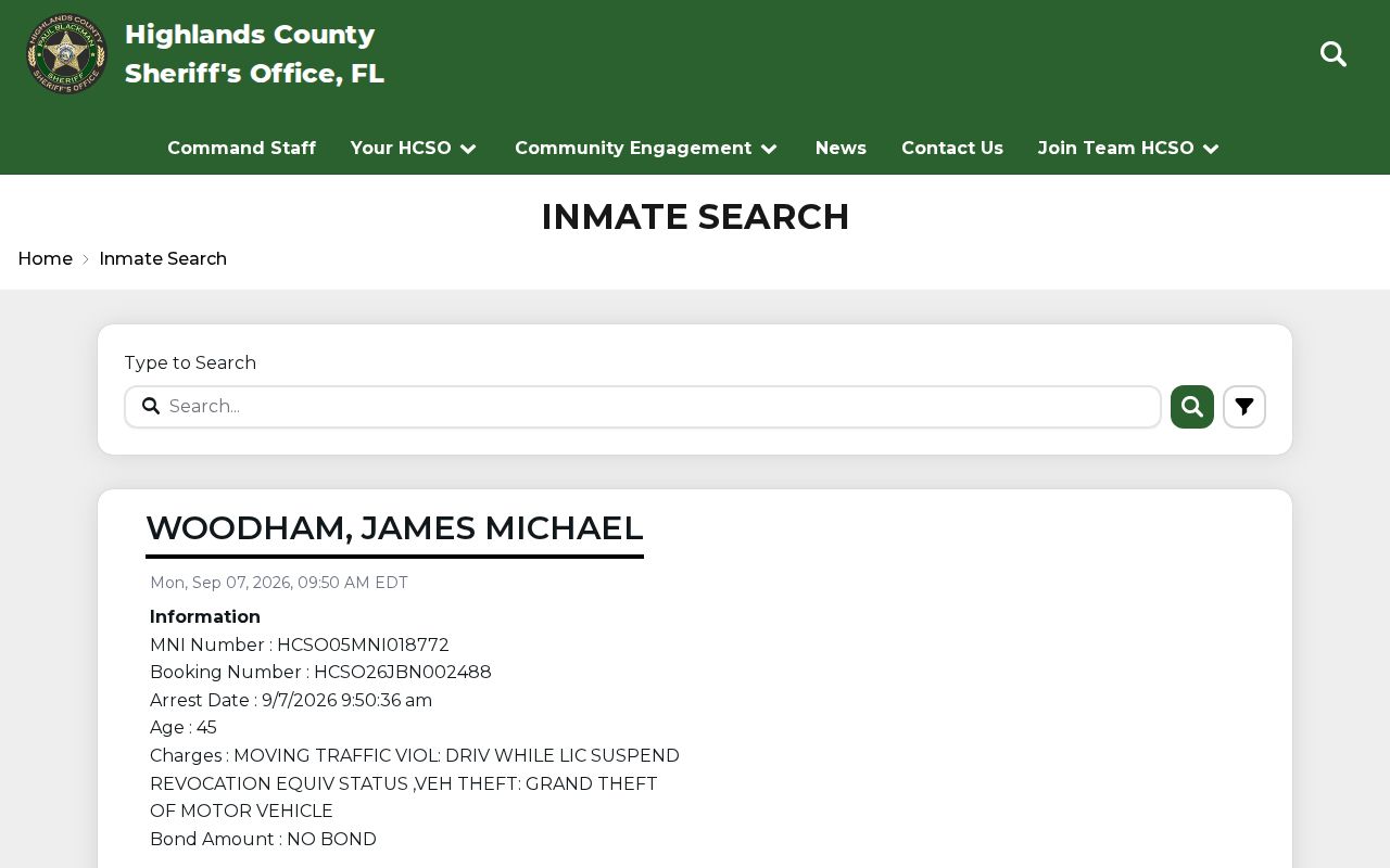 Highlands County Sheriff inmate search field and current roster interface