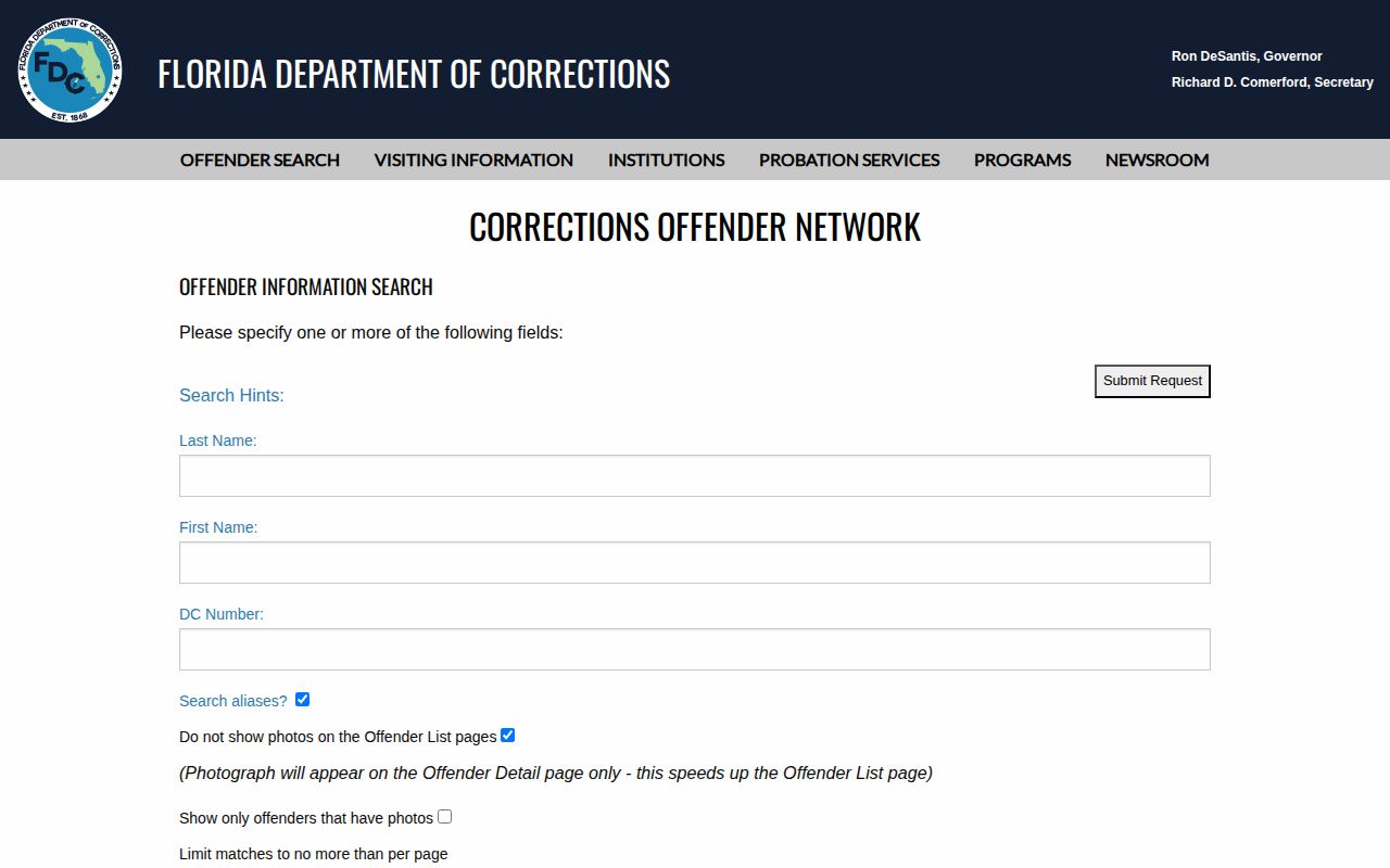 Florida Department of Corrections offender search form used after state sentencing