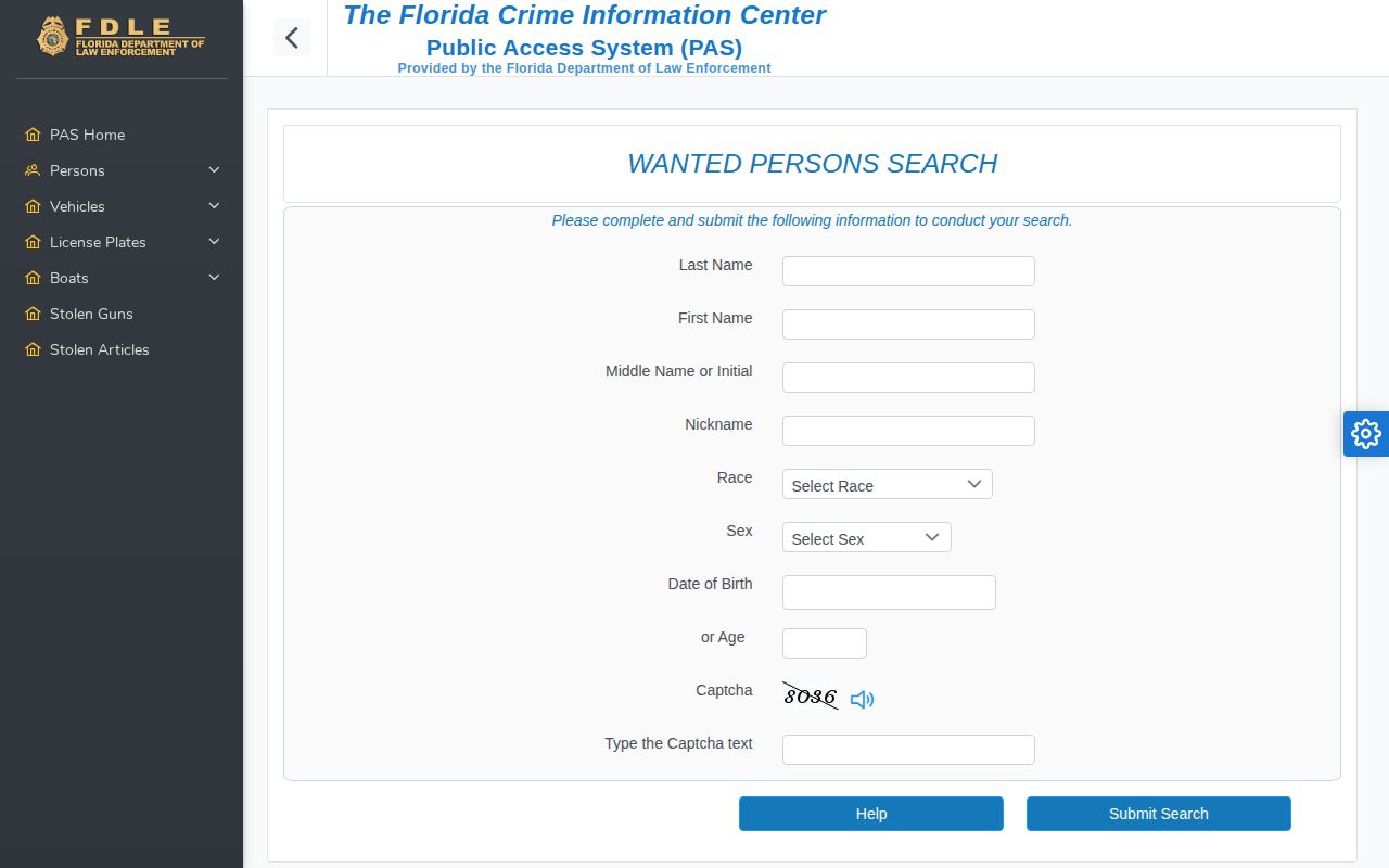 FDLE Wanted Persons Search form used as a cautious statewide warrant lead
