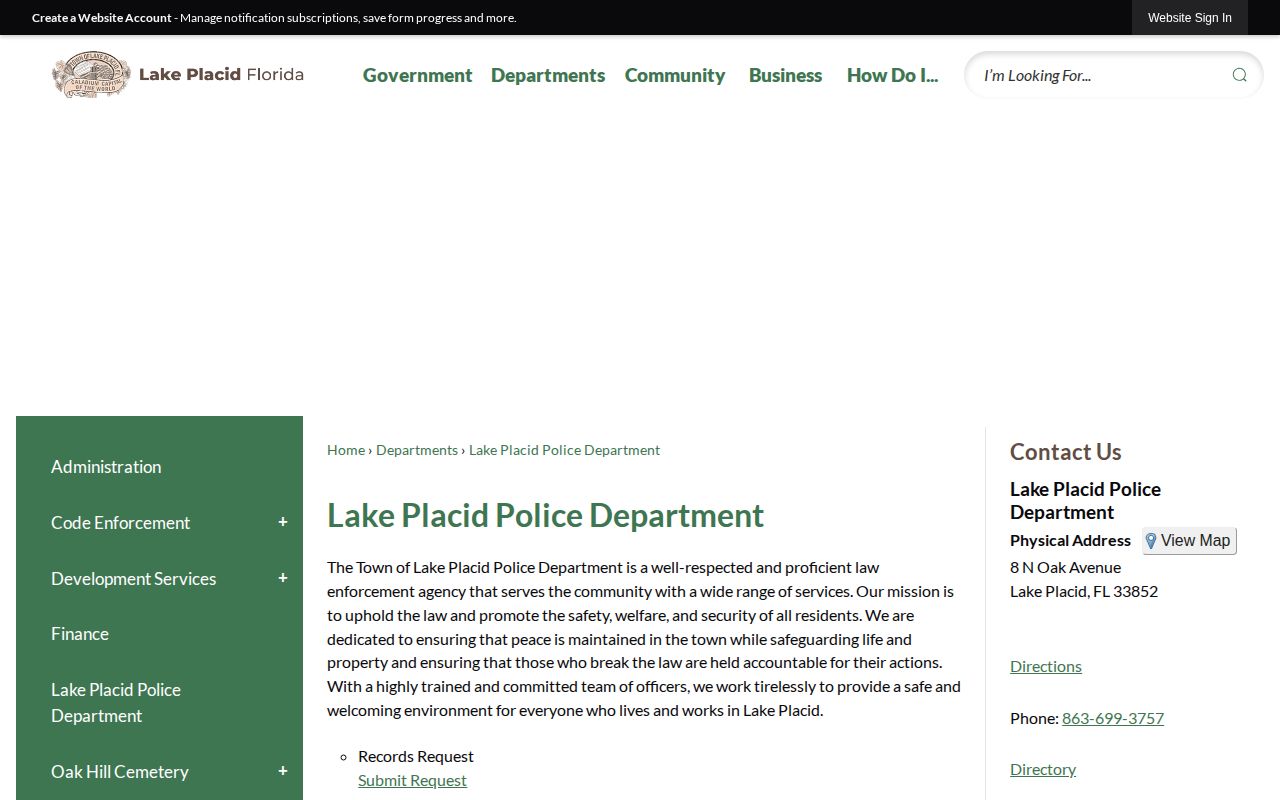 Official Lake Placid Police Department page with records request options