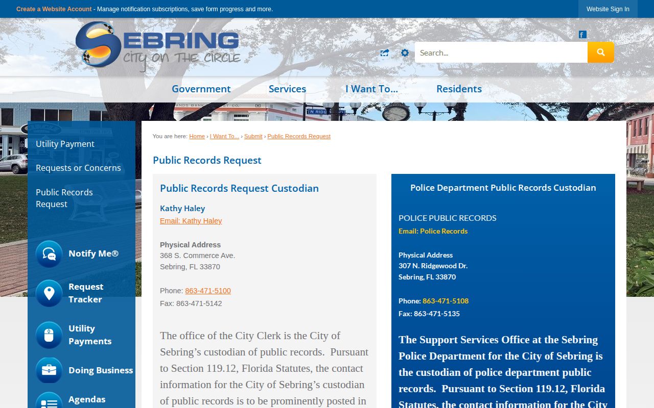 City of Sebring police public-records request page