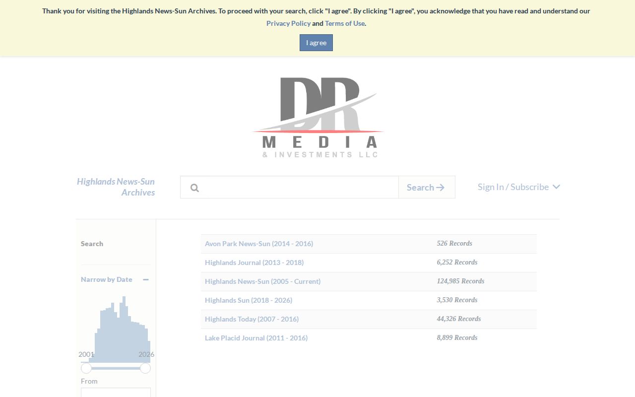 Highlands News-Sun archive search interface for Sebring arrest coverage