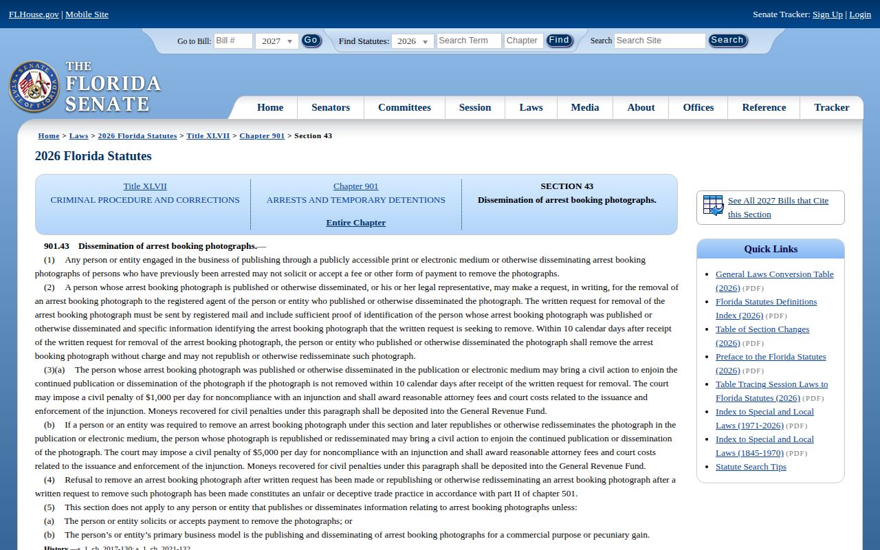 Florida Statutes section 901.43 on dissemination and removal of arrest booking photographs